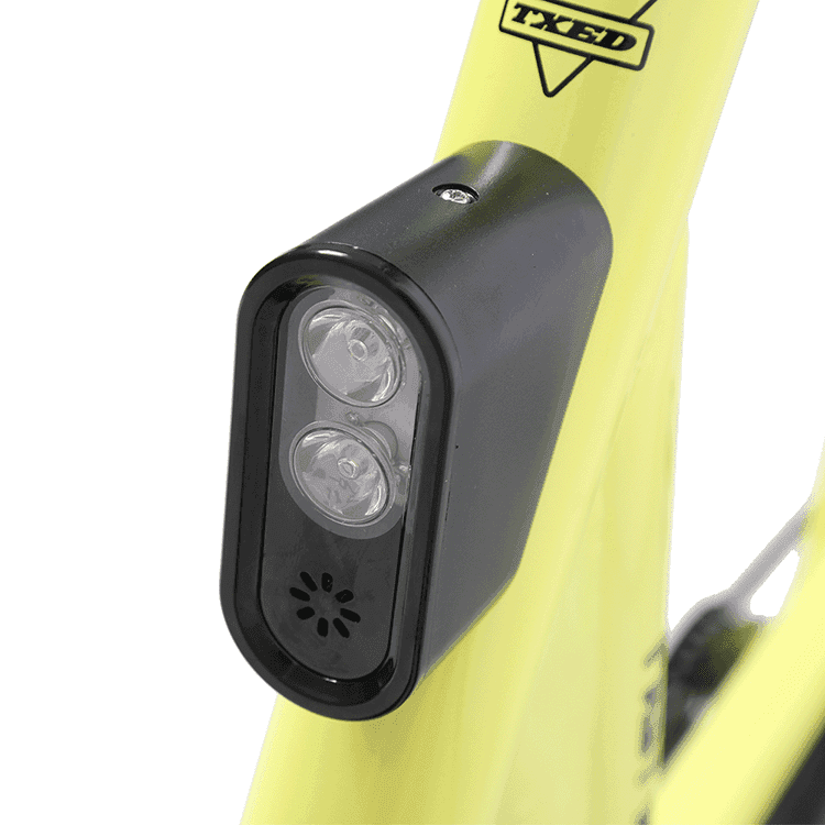 Bright LED front light for safe riding at night.