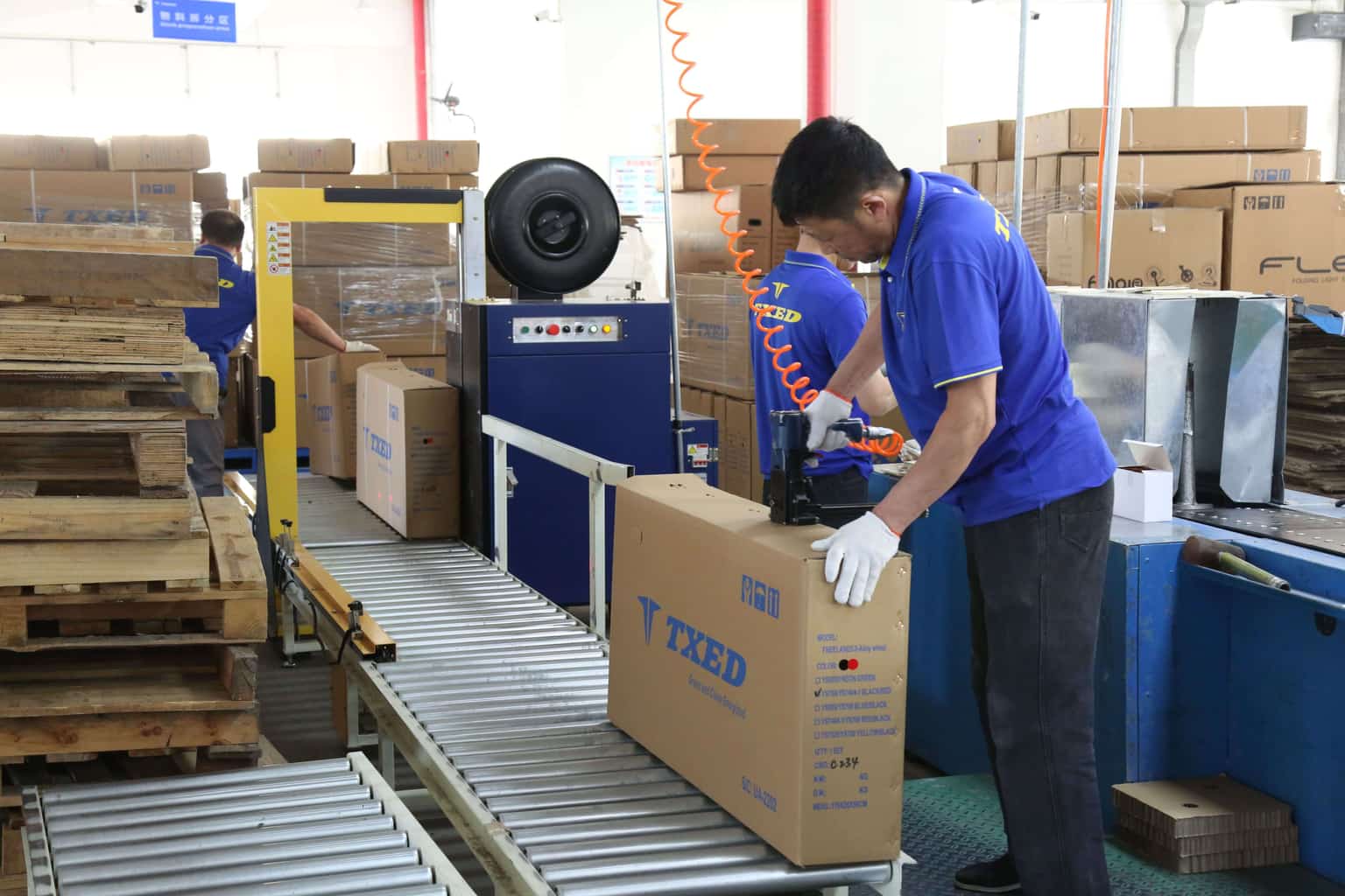 Rows of newly assembled e-bikes ready for shipping