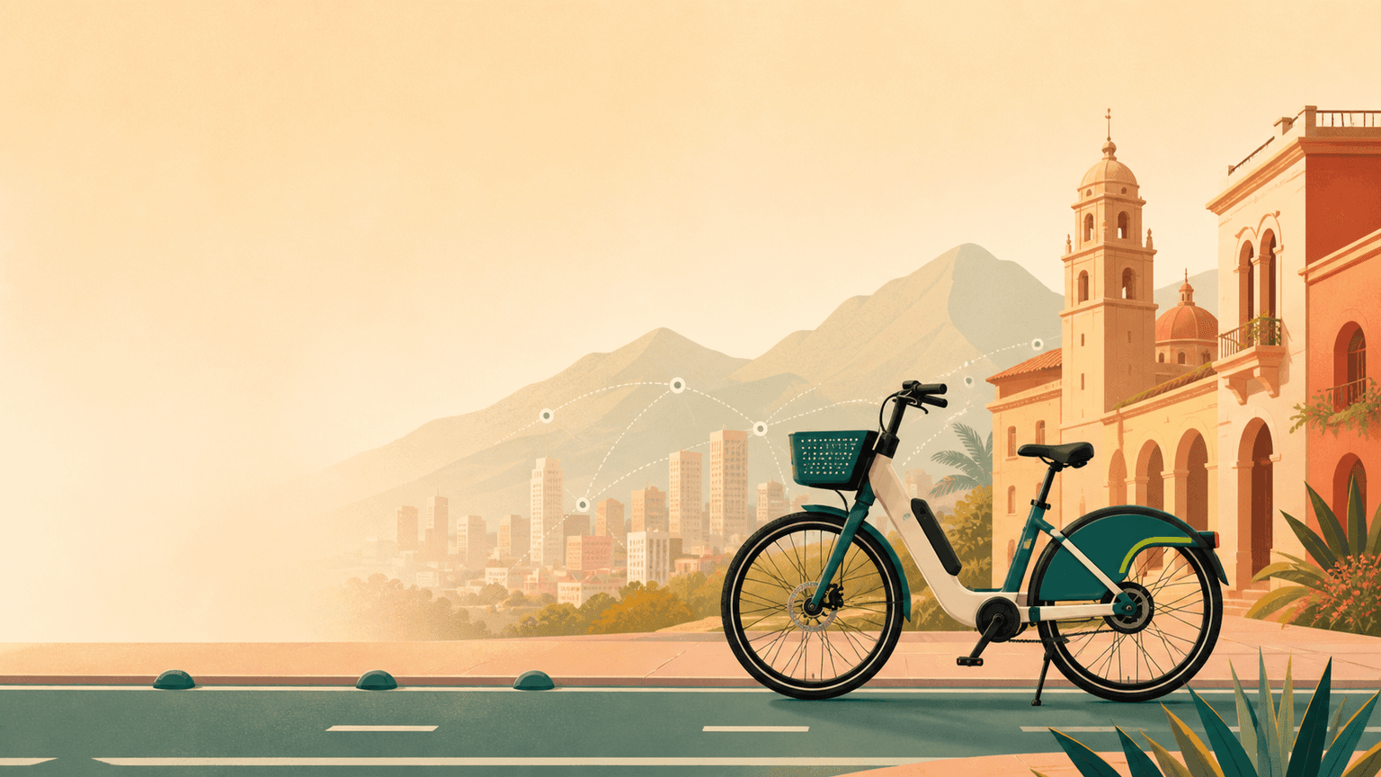 Shared e-bikes lined up on a Latin American city street with colonial architecture and urban skyline in the background