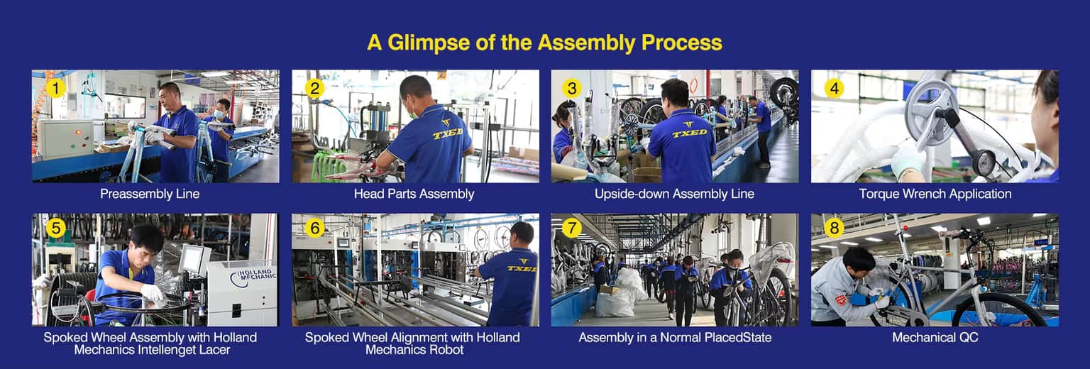 Workers and standardized stations on the TXED e-bike assembly line