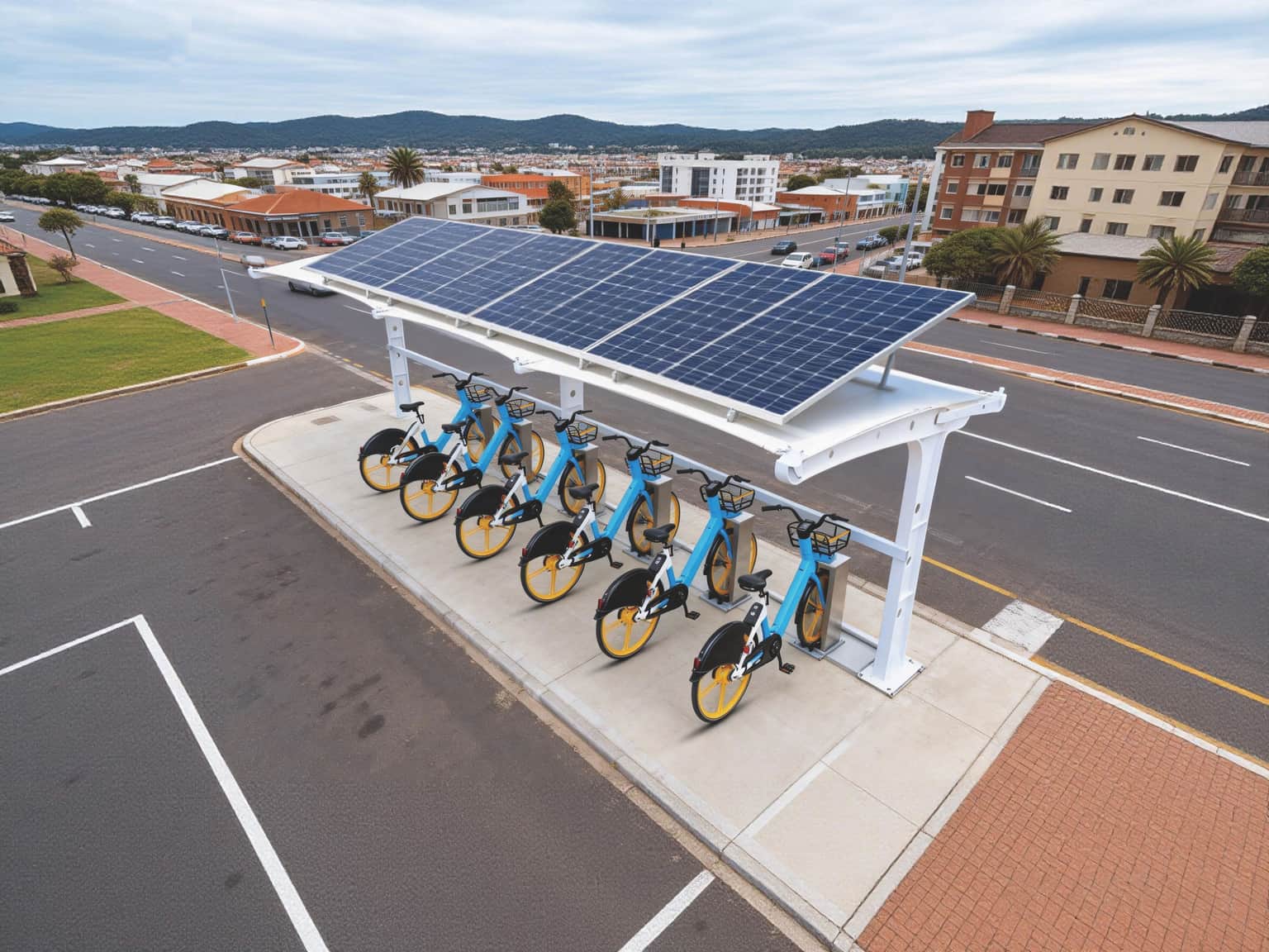 Solar-powered charging station with shared e-bikes parked under photovoltaic canopy