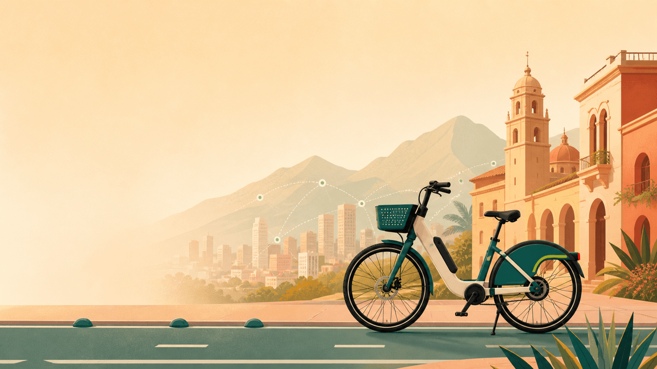Shared e-bikes lined up on a Latin American city street with colonial architecture and urban skyline in the background