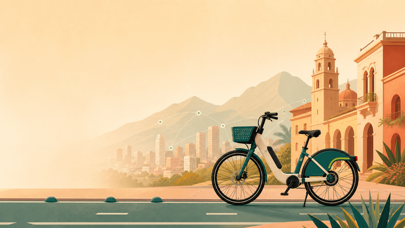 Shared e-bikes lined up on a Latin American city street with colonial architecture and urban skyline in the background