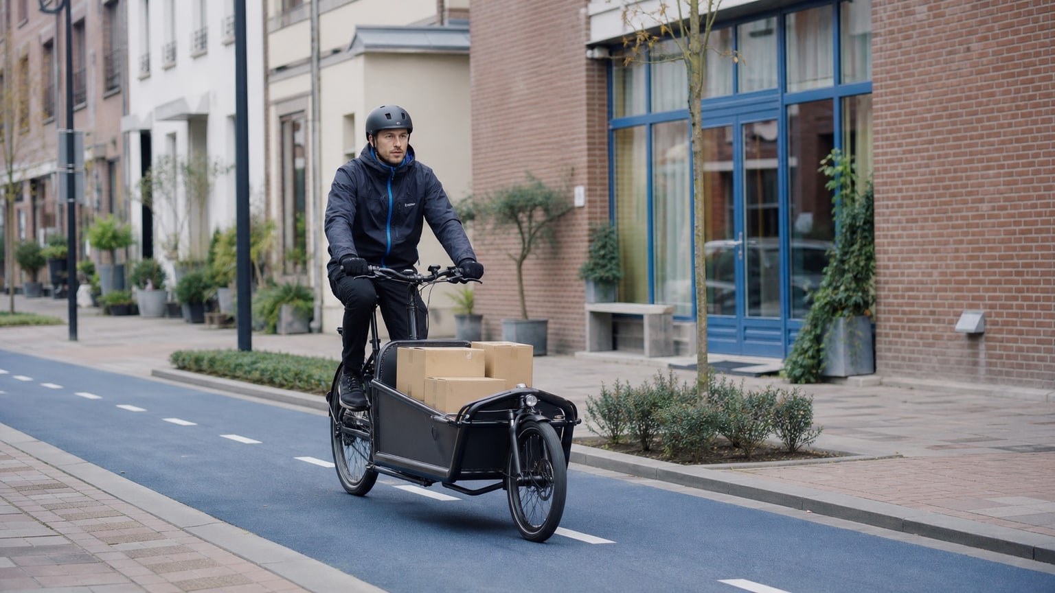 Cargo e-bike courier riding on a protected European city bike lane