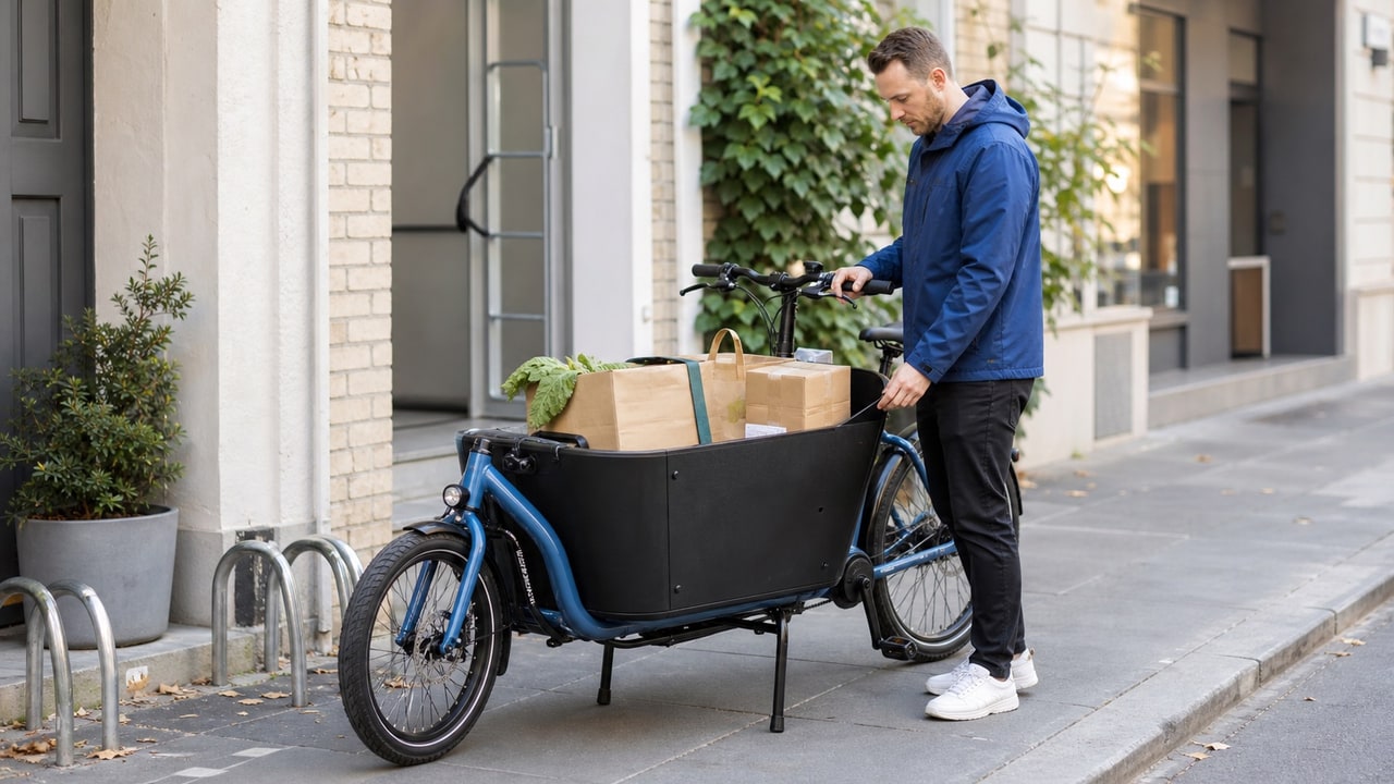 Front-loader cargo e-bike parked on a city sidewalk, loaded with grocery bags and parcels for last-mile delivery