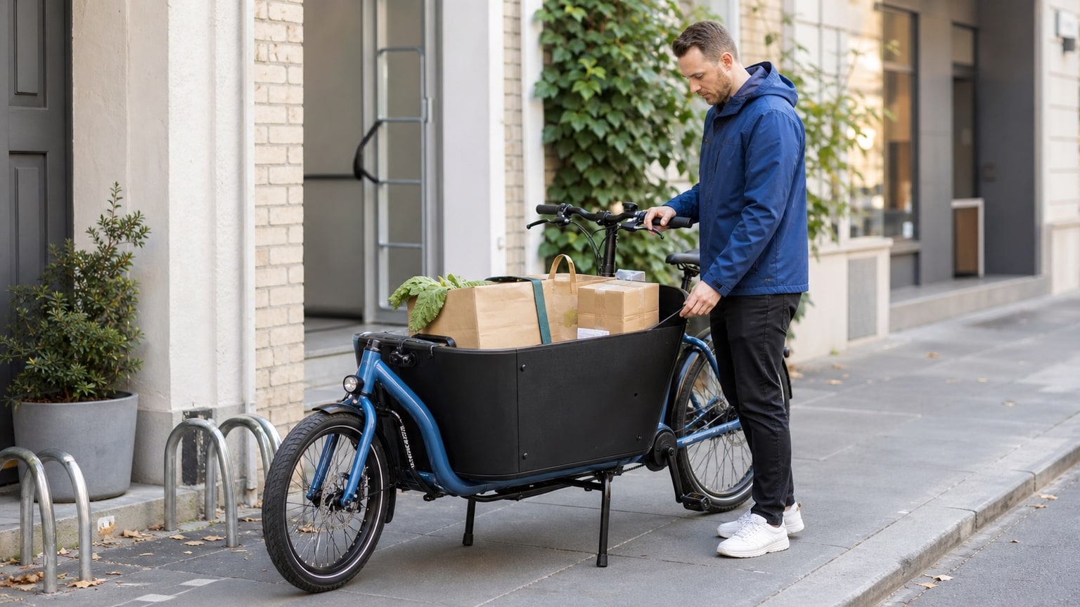 Front-loader cargo e-bike parked on a city sidewalk, loaded with grocery bags and parcels for last-mile delivery