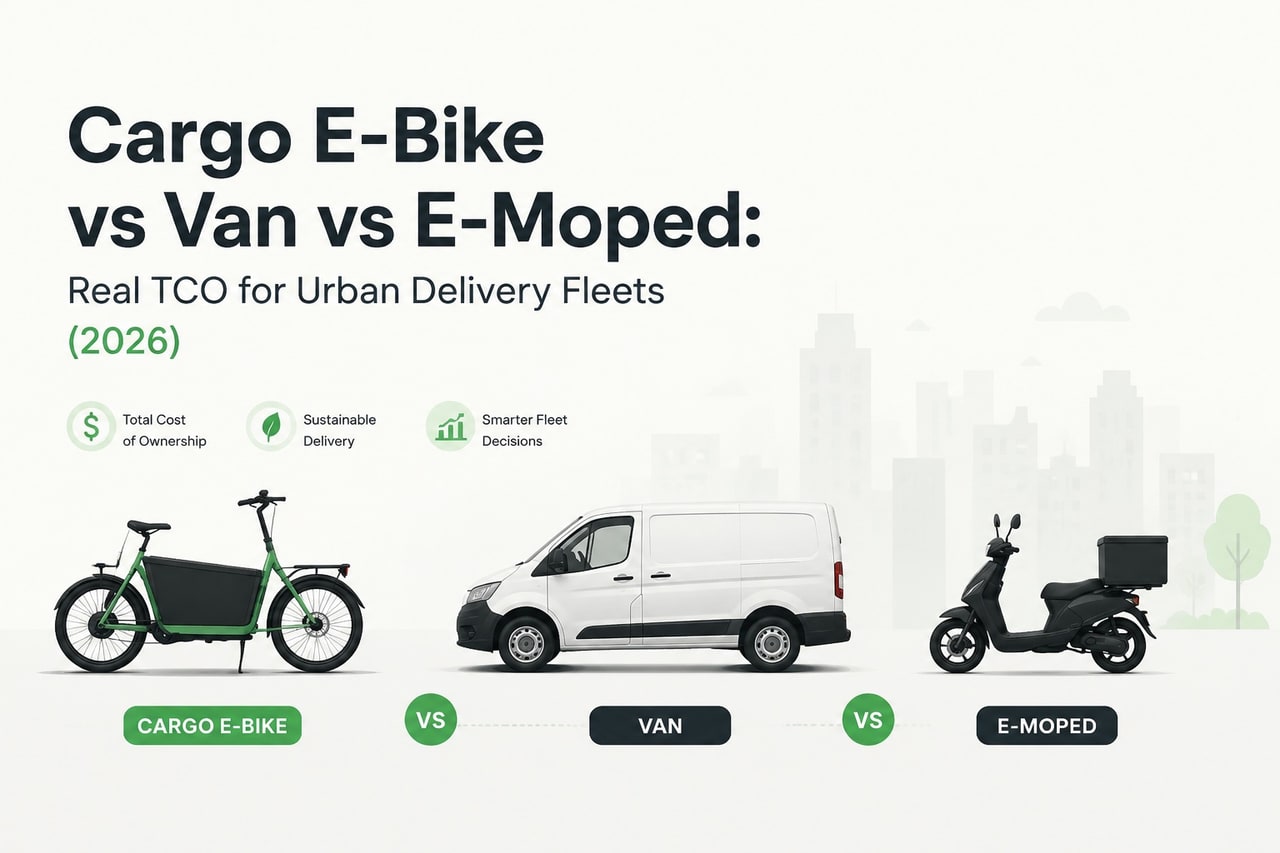 Infographic comparing cargo e-bike, delivery van, and e-moped for urban fleet total cost of ownership