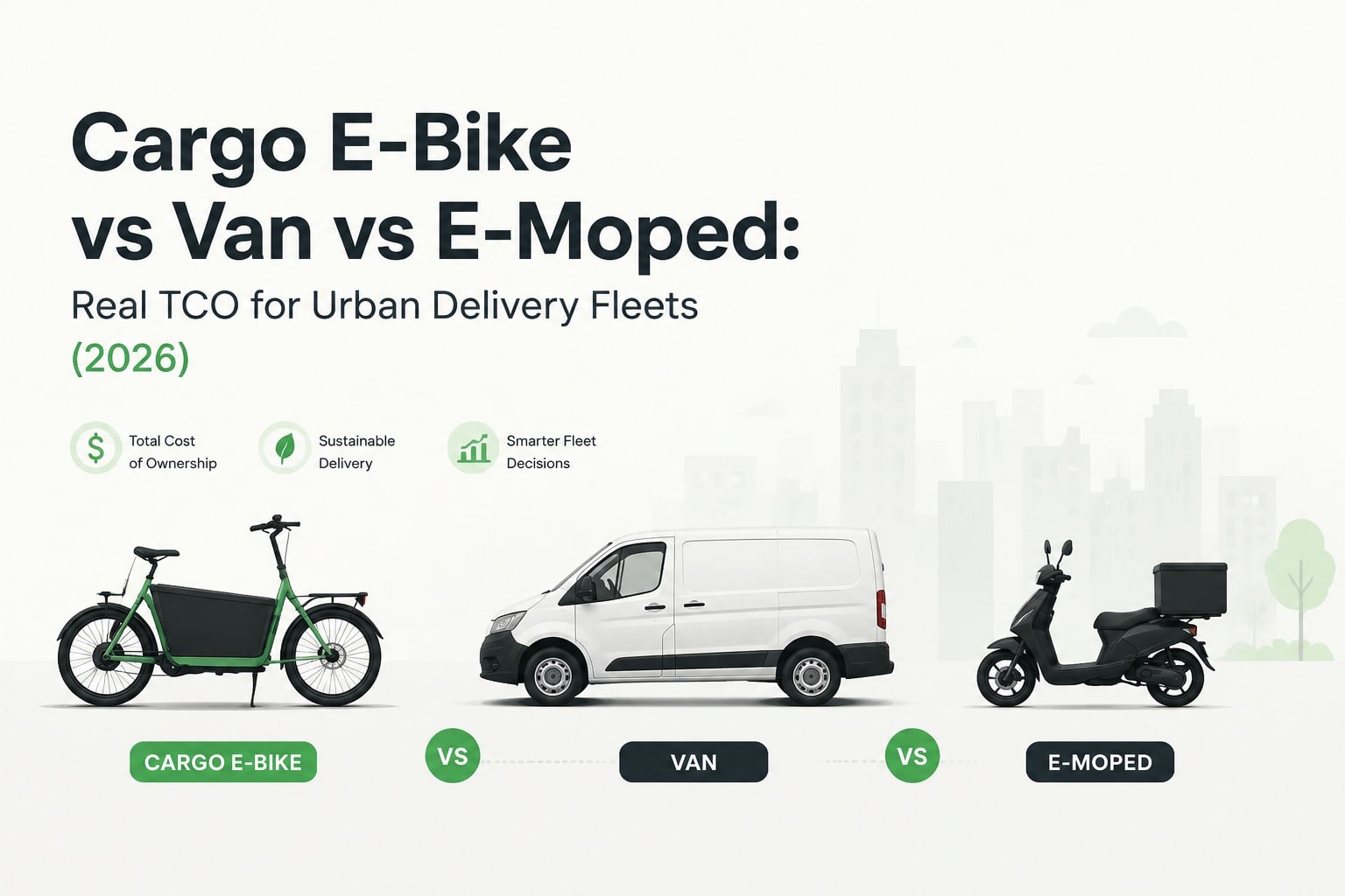 Infographic comparing cargo e-bike, delivery van, and e-moped for urban fleet total cost of ownership