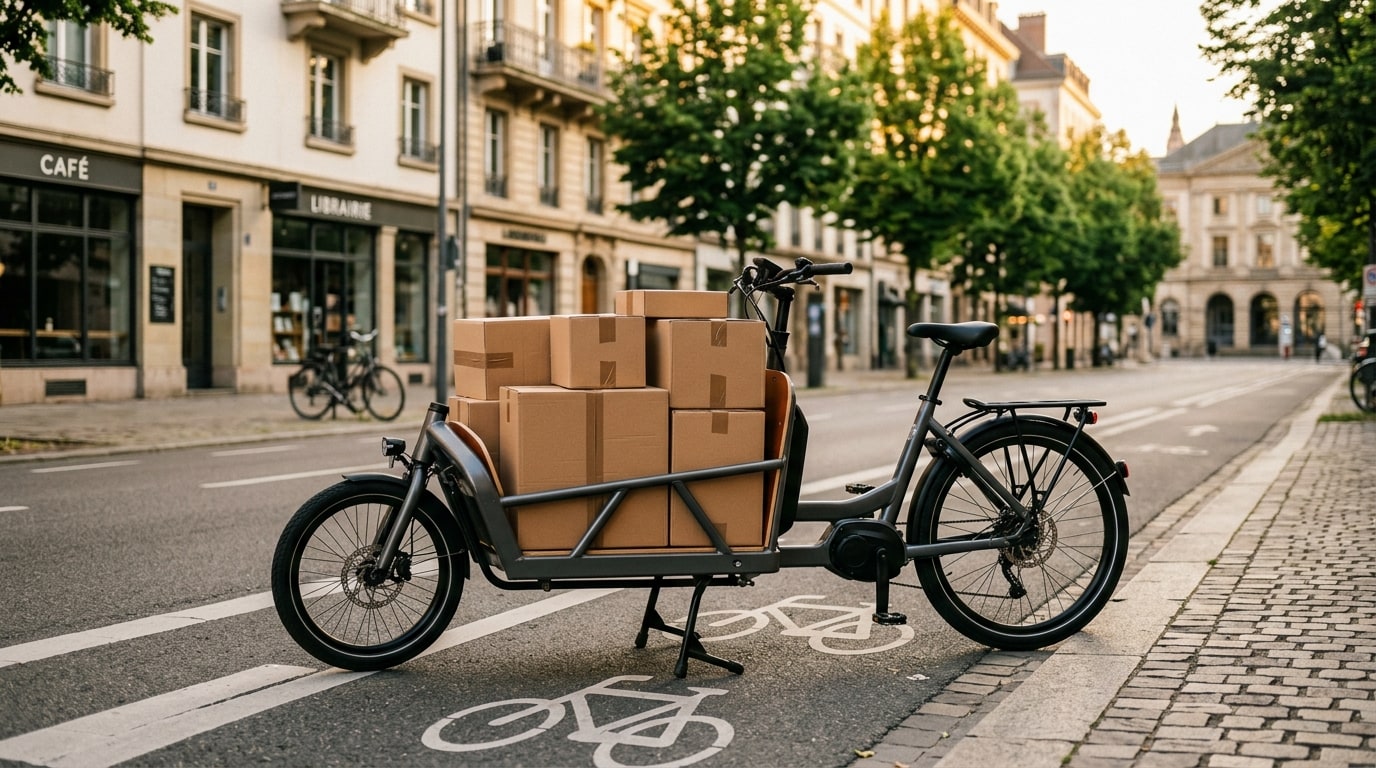 Cargo electric bicycle loaded with delivery parcels parked on a European city street with bike lanes