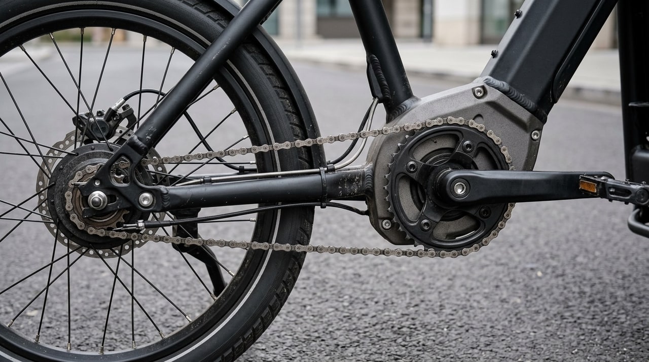 Commercial electric cargo bike drivetrain comparison showing a heavy-duty mid-drive motor integrated at the bottom bracket and an internal gear hub rear wheel