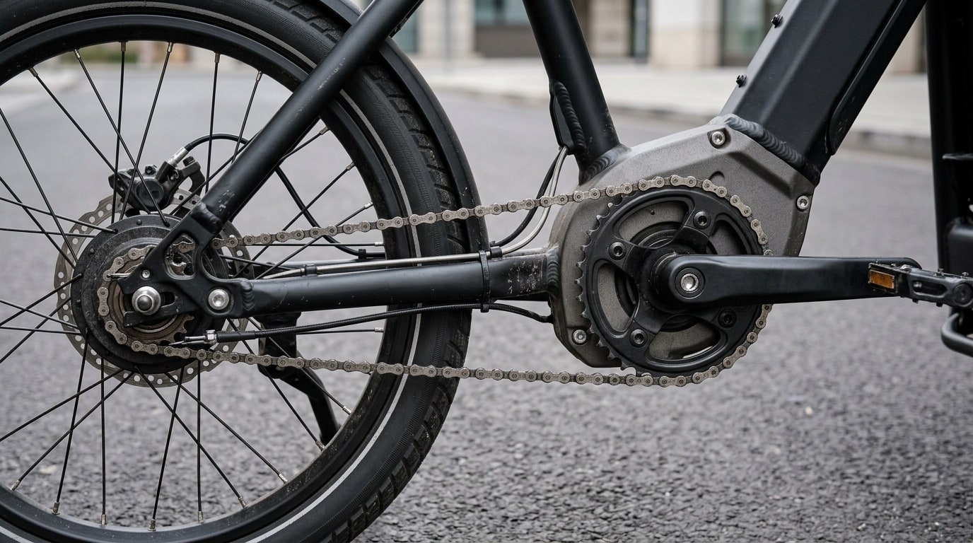 Commercial electric cargo bike drivetrain comparison showing a heavy-duty mid-drive motor integrated at the bottom bracket and an internal gear hub rear wheel