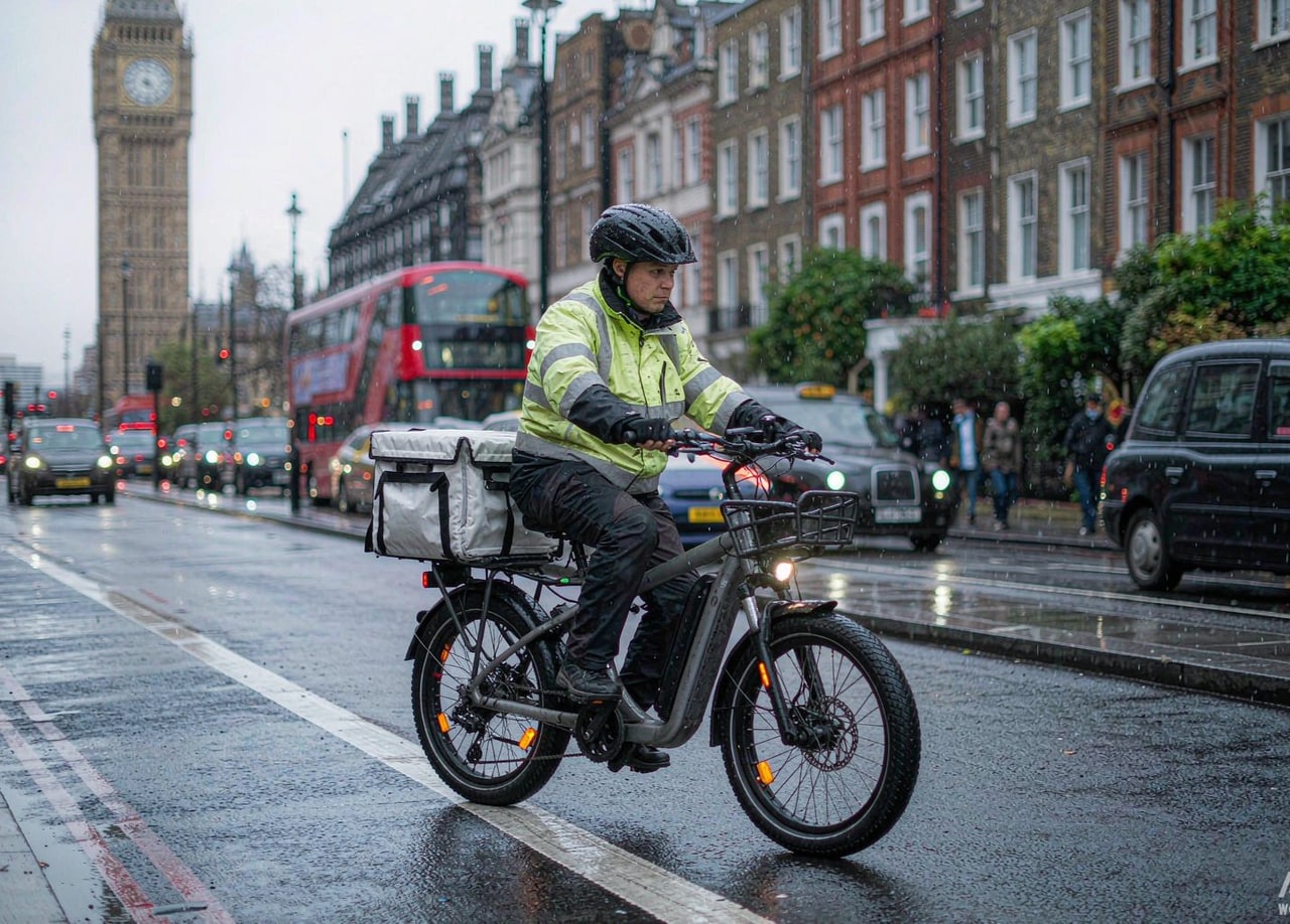 Delivery courier on an electric cargo bike in central London, Big Ben and a red double-decker bus in the background, wet urban cycle lane