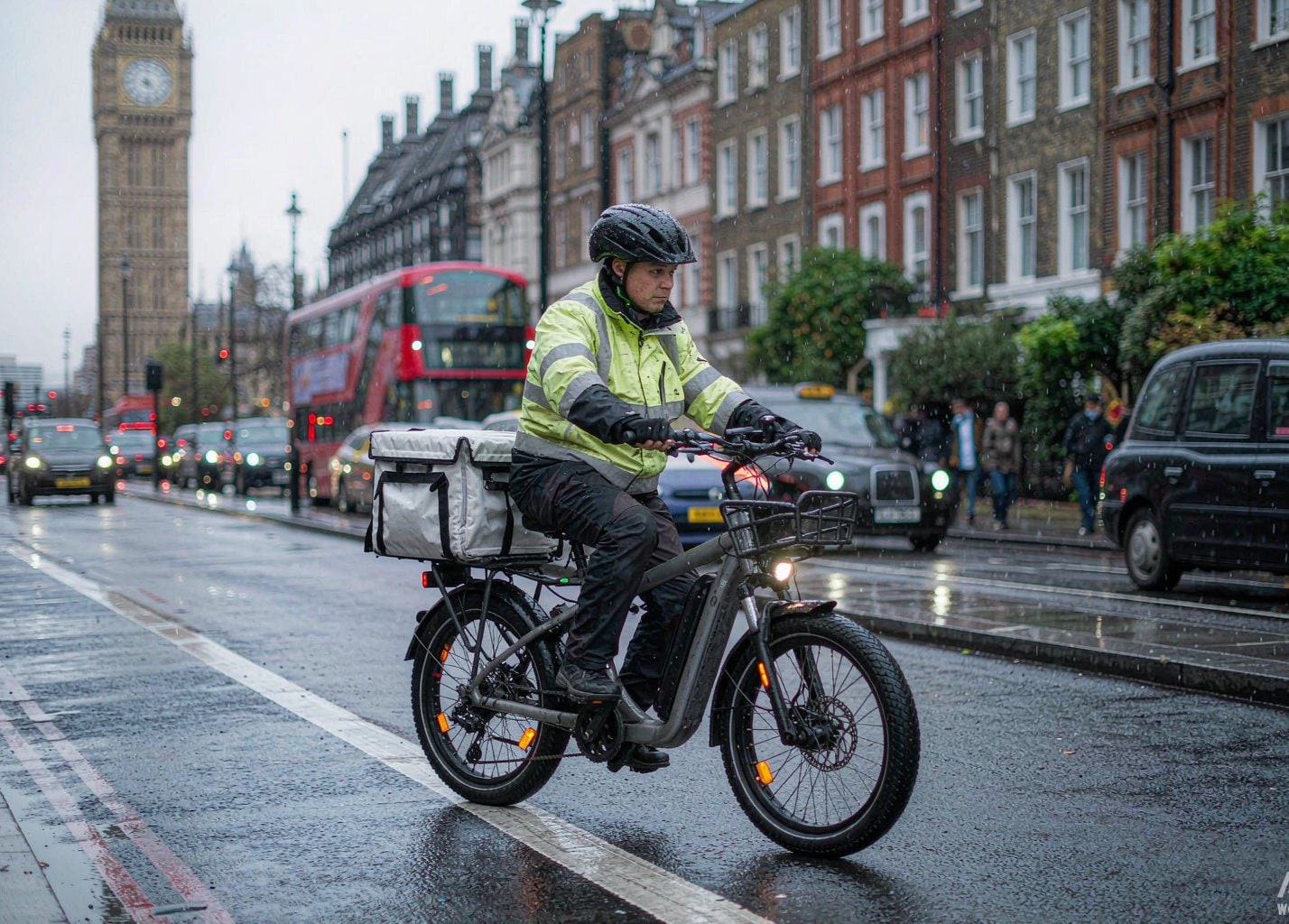 Delivery courier on an electric cargo bike in central London, Big Ben and a red double-decker bus in the background, wet urban cycle lane