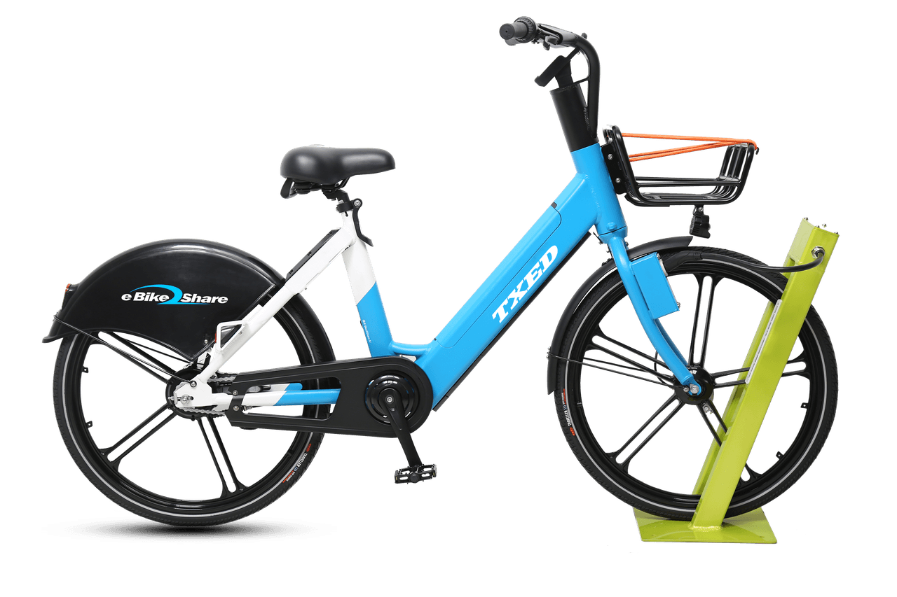 Wired charging station for shared electric bikes, showcasing its stability and cost-effectiveness.