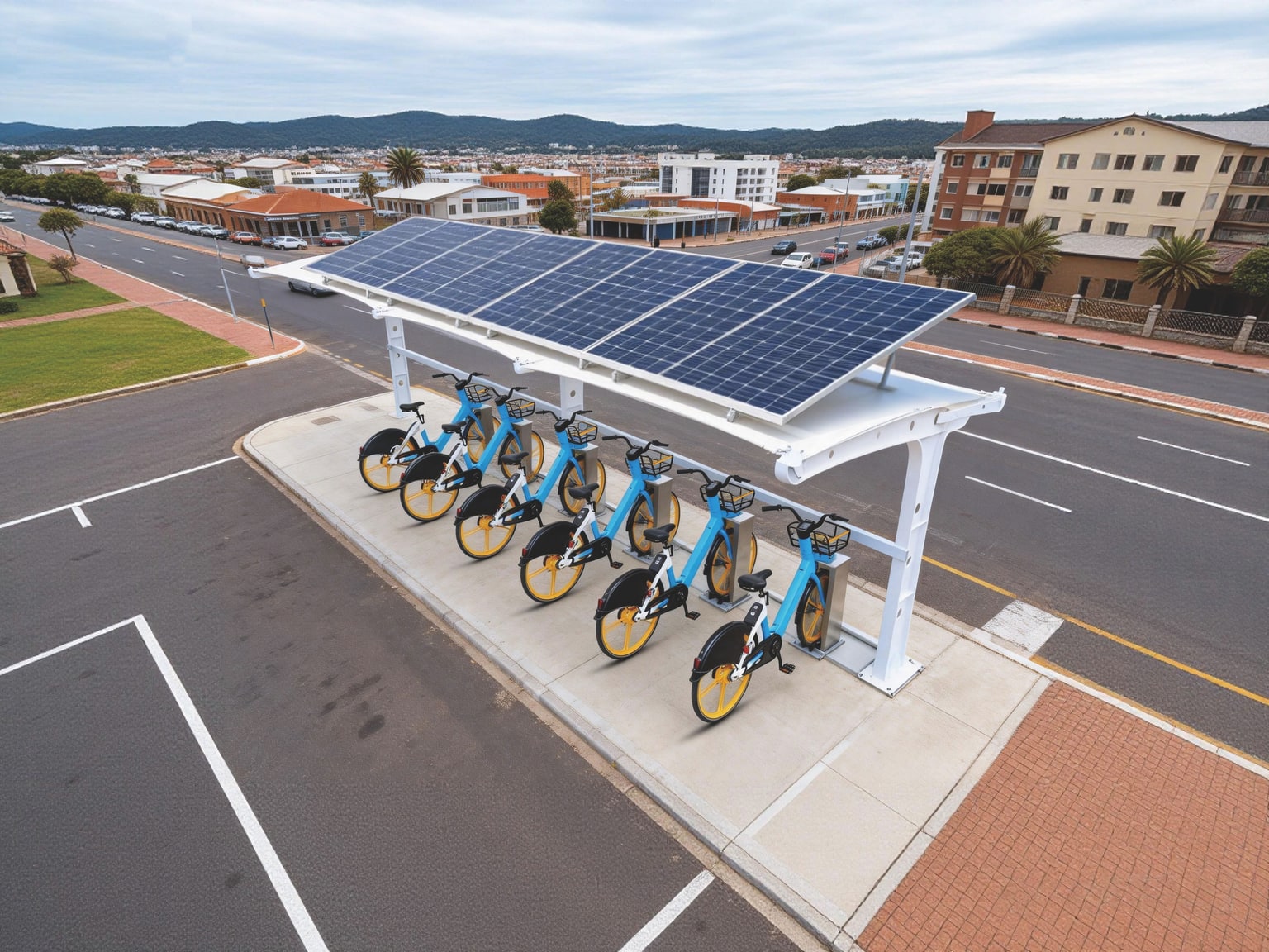 Solar-powered charging station with shared electric bikes parked under photovoltaic canopy