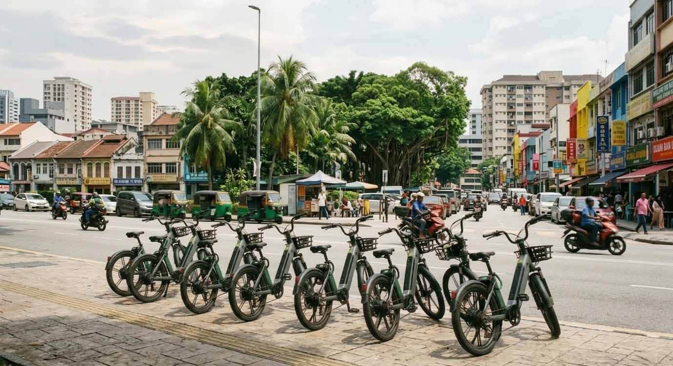 Shared electric bikes lined up on a bustling Southeast Asian city street with tropical trees and urban skyline in the background
