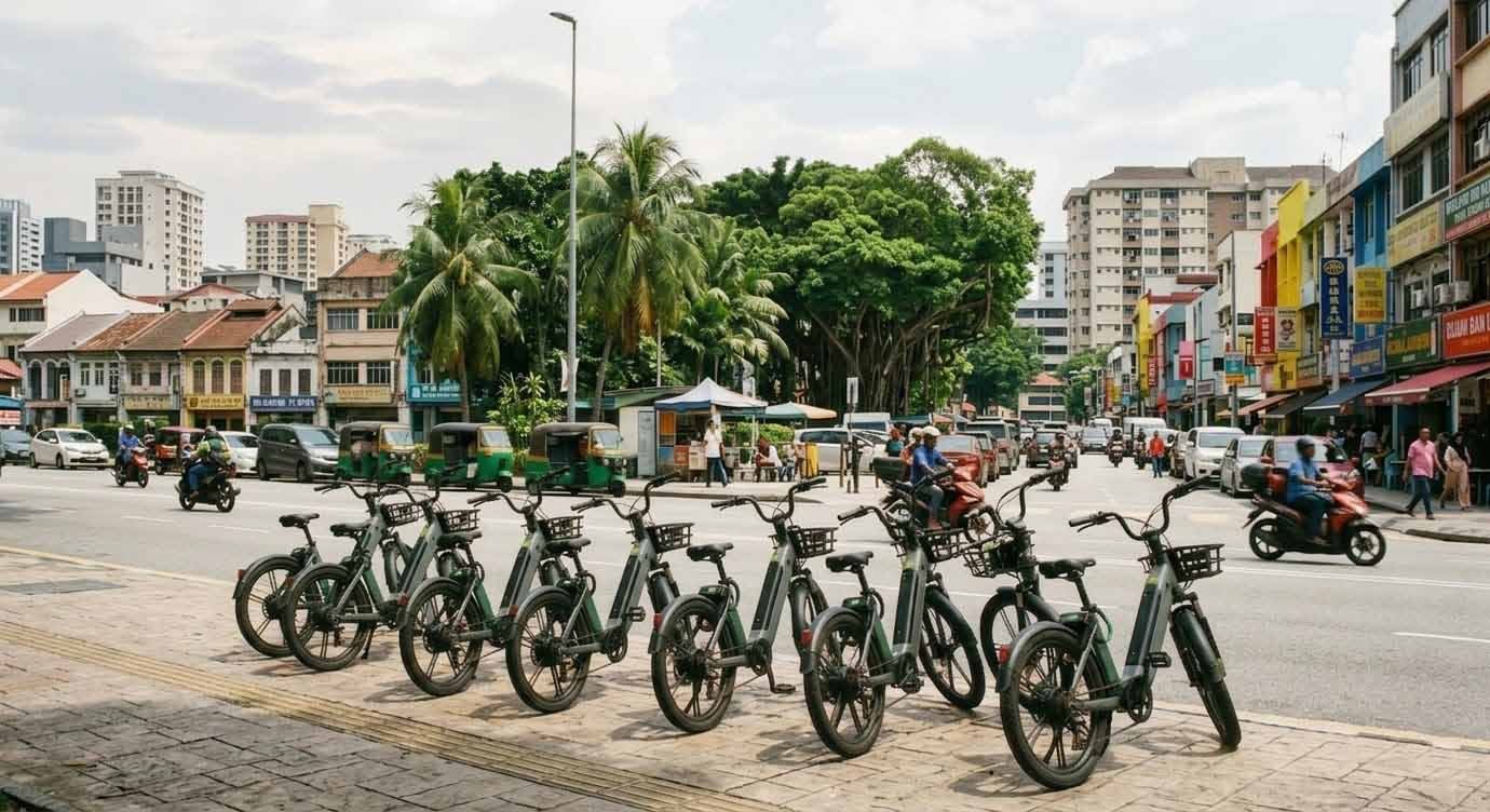 Shared electric bikes lined up on a bustling Southeast Asian city street with tropical trees and urban skyline in the background