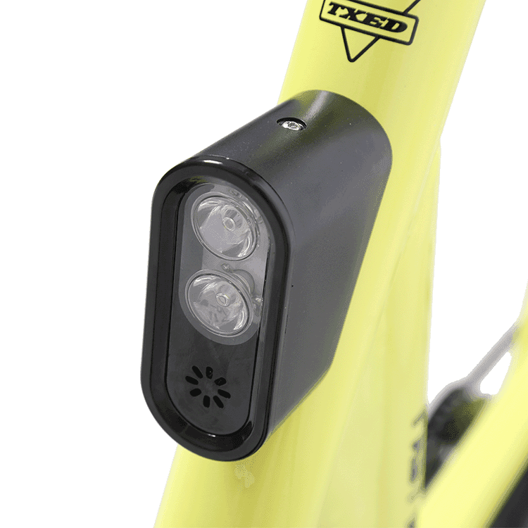 Bright LED front light for safe riding at night.